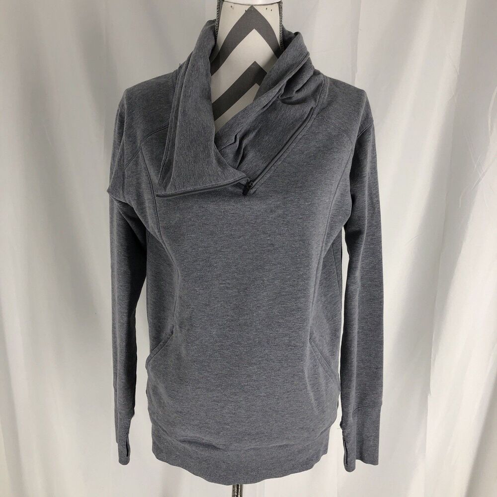 Zella Womens Medium Top Frosty Asymmetrical Zip Gray Sweatshirt Cowl Neck